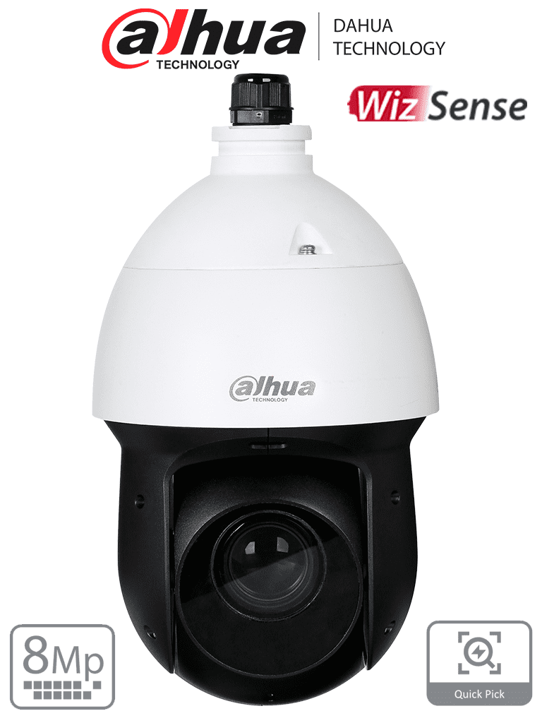 Imagen de DAHUA SD49825GB-HNR - Cámara IP PTZ de 8 MP / WizSense/ 25x de Zoom óptico/ IR de 100 m/ H.265+/ WDR Real de 120 dB/ Protección perimetral/ Detección de rostros / SMD 4.0/ Ranura para MicroSD/ IP66/ E&S de Alarma y Audio/  