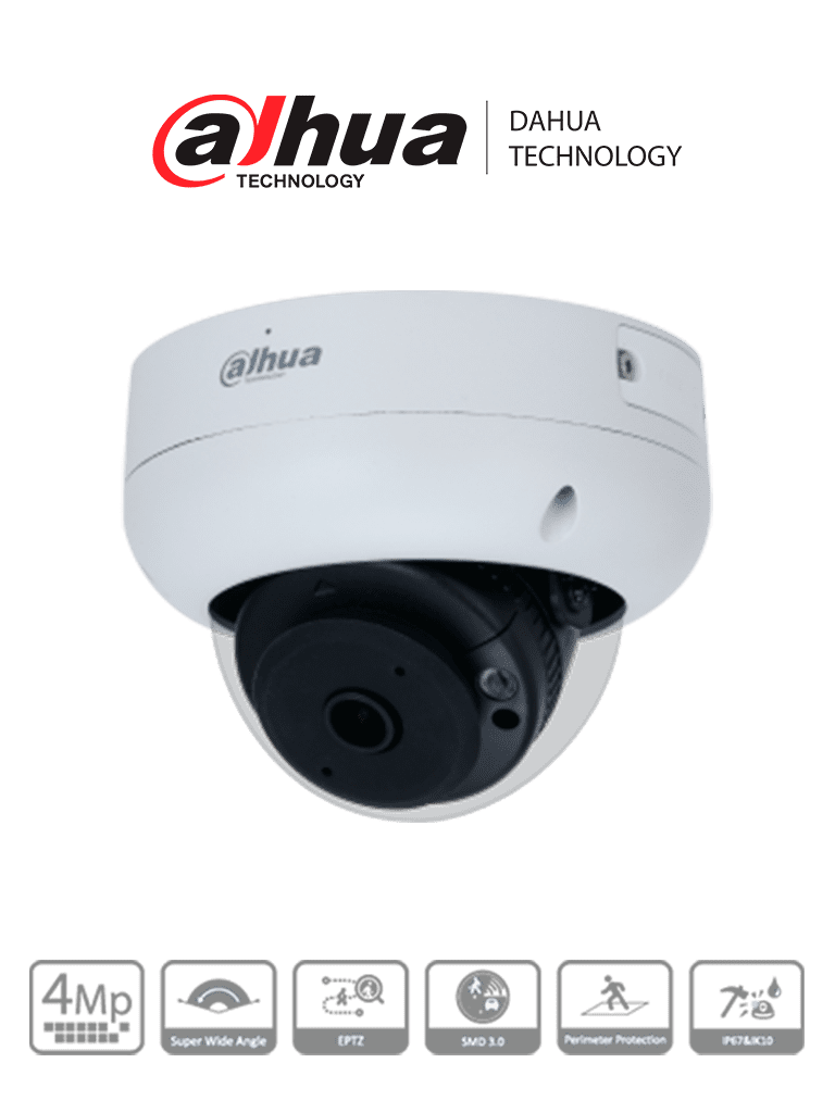 Imagen de DAHUA IPC-HDBW3441R-AS-P Cámara IP domo antivandálica de 4 MP con lente de 2.1 mm, visión nocturna de 15 m, IA WizSense, y protección perimetral. Incluye PoE, WDR, H.265+, IP67, IK10, micrófono y entradas/salidas de alarma.