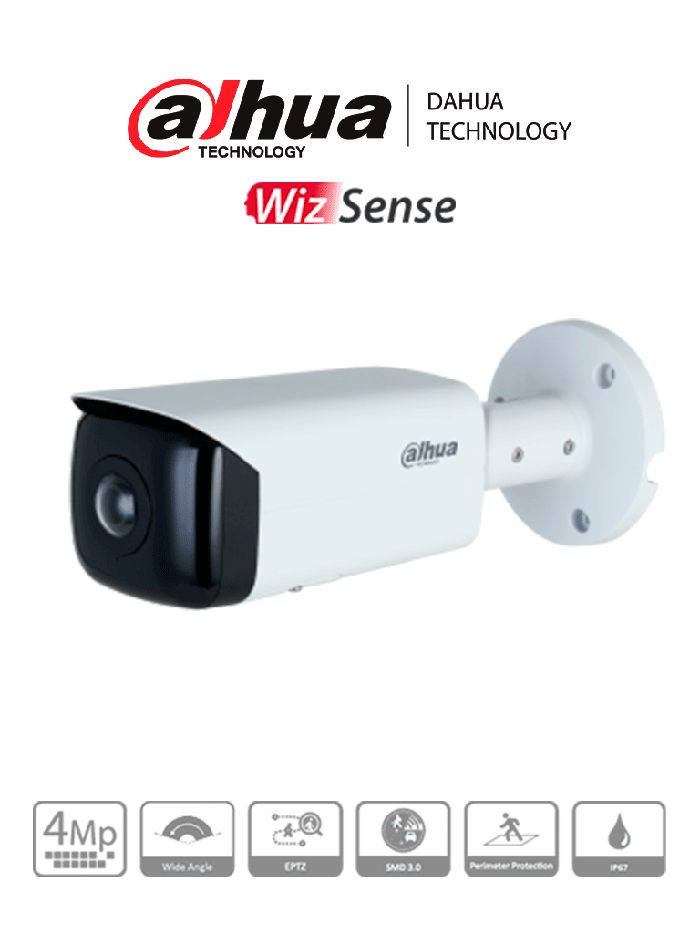 Imagen de DAHUA IPC-HFW3441T-AS-P Cámara IP bullet panorámica 4 MP, lente 2.1 mm, ángulo 180°, IR 20 m, IA WizSense, detección de movimiento inteligente, protección perimetral, Starlight, PoE, WDR, H.265+, IP67, micrófono, E/S alarma. 