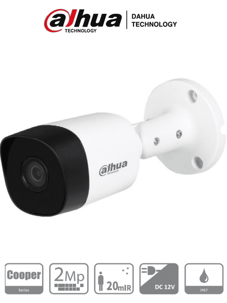 Imagen de DAHUA HAC-B2A21-28 - Cámara Bullet de 2 Megapixeles. Resolución 1080p. Lente de 2.8 mm con ángulo de 100 grados. Alcance IR de 20m. Estructura metálica con protección IP67. Compatible con CVI, TVI, AHD y CVBS. Incluye menú OSD/ 