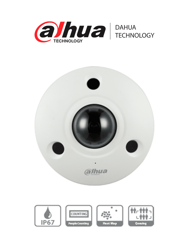 Imagen de DAHUA IPC-EBW81242N - Cámara IP Fisheye 12 MP, lente 1.85 mm, visión 360°, IR 10 m. IA WizMind con conteo y análisis de personas, mapas de calor. PoE, DWDR, H.265, IP67, IK10. Incluye E/S de alarma y audio. Ideal para vigilancia integral y detallada.