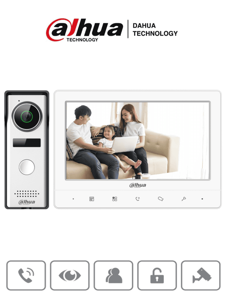 Imagen de DAHUA KTA02 - Kit de Videoportero analógico con monitor táctil de 7" y frente de calle con cámara de 1.3MP con DWDR y protección IP66. Controla hasta 2 frentes de calle y 3 monitores, con apertura de puerta  