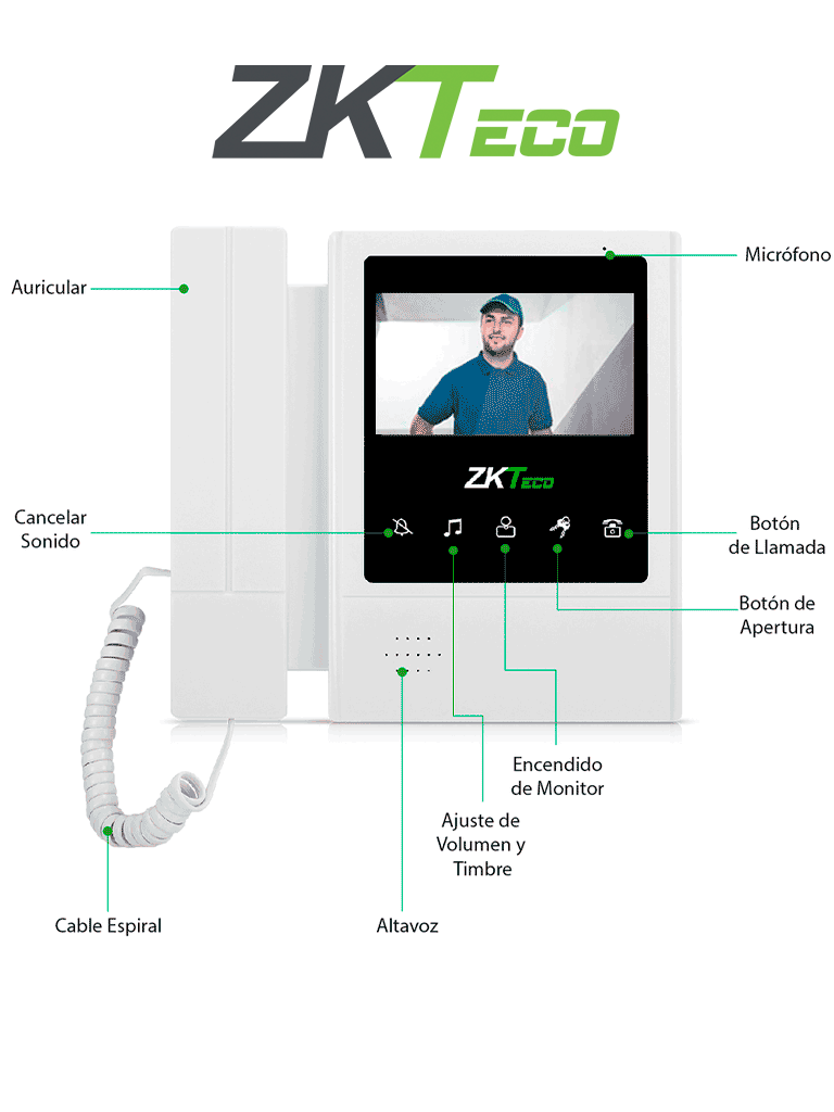 Imagen de ZKTECO VDPIB4 - Monitor LCD de 4.3 pulgadas para Videoportero Analógico / Conexión mediante 4 Hilos / Resolución 480*272 píxeles / Imagen Nítida / Botón de No Molestar 