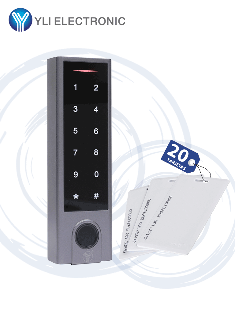 Imagen de YLI YK1068APAK - Teclado touch para control de acceso standalone con métodos de verificación por huella, tarjetas ID o password / Soporta equipos esclavo por protocolo Wiegand / Señales NC y NO / Contiene 20tarjetas 