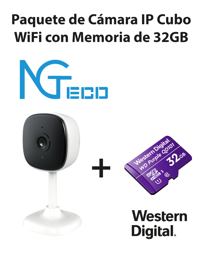 Imagen de NGTECO NGC1201PAK - Paquete de Cámara NGC1201 IP Cubo WiFi 1080P con Memoria de 32GB Micro SDHC/ Linea Purple/ Clase 10 U1