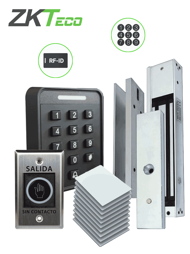 Imagen de ZKTECO SA40KIT -  Control de acceso KIT - Kit de acceso autónomo solución para una puerta que incluye: 1 SA40 Control de Acceso / 1 Electroimán LM1802 300Lbs / 1 Botón de salida TLEB1 / 10 Tarjetas 125 Khz 