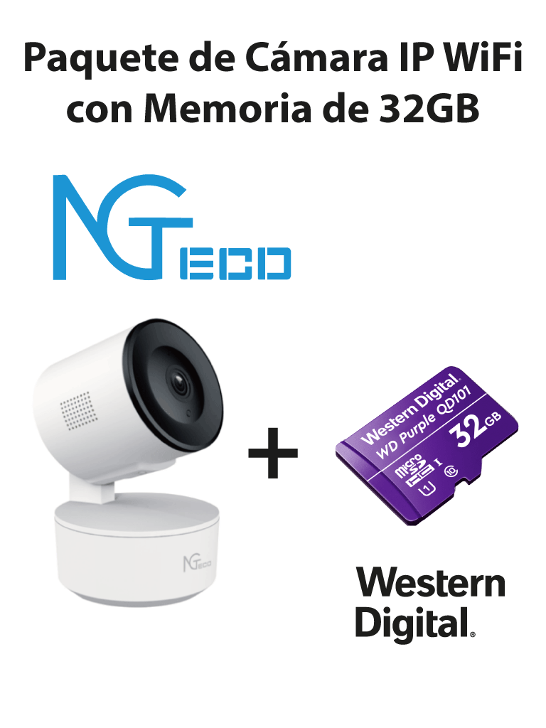 Imagen de NGTECO NGC2301PAK - Paquete de Cámara NGC2301 IP WiFi 1080P con Memoria de 32GB Micro SDHC/ Linea Purple/ Clase 10 U1