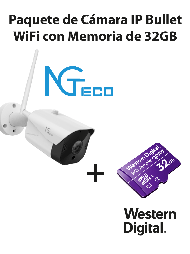 Imagen de NGTECO NGC401PAK - Paquete de Cámara NGC401 IP Bullet WiFi 1080P con Memoria de 32GB Micro SDHC/ Linea Purple/ Clase 10 U1