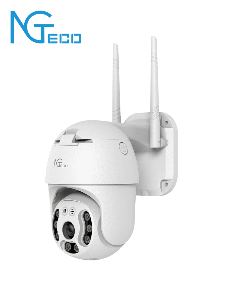 Imagen de NGTECO NGC4200 - Cámara PT WiFi de 3MP con lente de 3.6mm, altavoz y micrófono integrados. Ofrece audio bidireccional y alcance IR de 20m. Utiliza compresión de vídeo H.265. Compatible con almacenamiento local y en la nube. Funciona con Alexa 