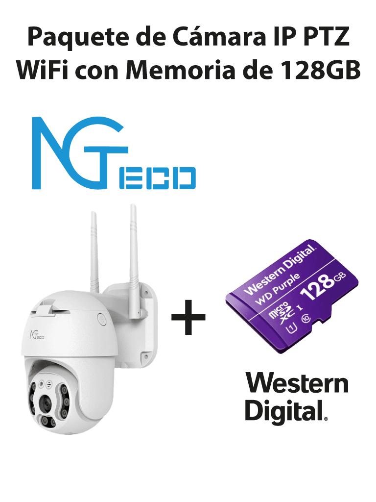 Imagen de NGTECO NGC4200PAK - Paquete de Cámara NGC4200 IP PTZ WiFi 3MP con Memoria de 128GB Micro SDXC/ Linea Purple/ Clase 10 U1