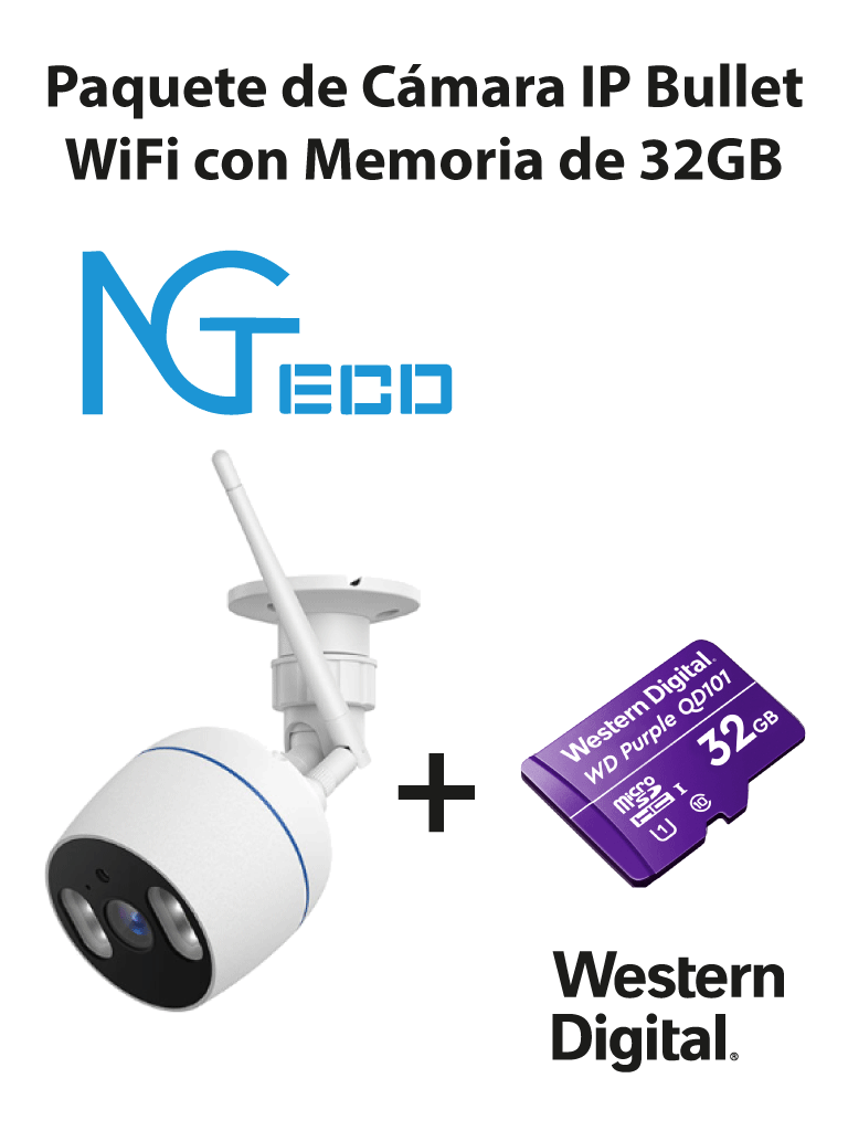 Imagen de NGTECO NGC501PAK - Paquete de Cámara NGC501 IP Bullet WiFi 1080P con Memoria de 32GB Micro SDHC/ Linea Purple/ Clase 10 U1