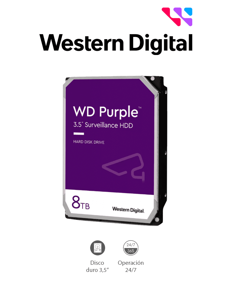 Imagen de WESTERN DIGITAL WD85PURZ - Disco Duro de 8 TB Purple/ Especial para Videovigilancia/ Trabajo 24/7/ Interface: Sata 6 Gb/s/ Hasta 64 Cámaras/ Hasta 16 Bahías de Discos Duros 