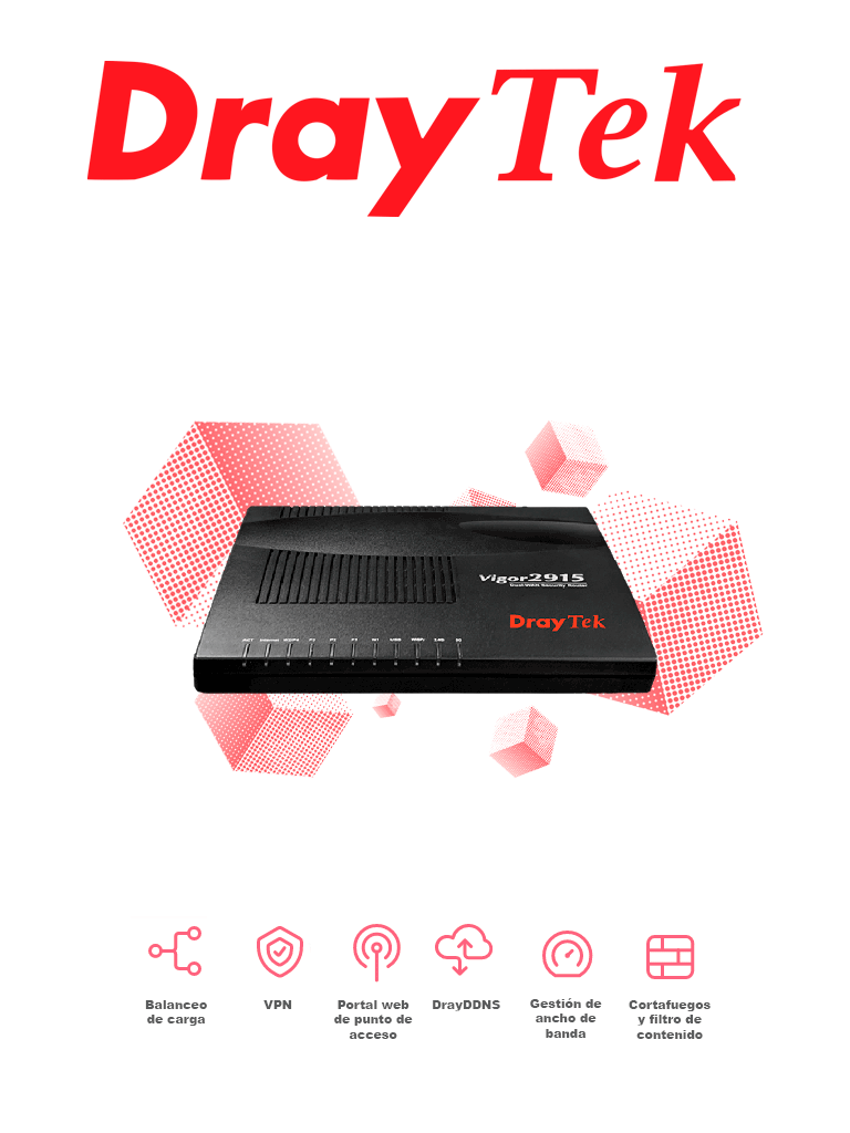 Imagen de DRAYTEK VIGOR2915 - Ruteador Multi-WAN balanceador de cargas, 2 puertos WAN Gigabit RJ45, hasta 4 puertos LAN Gigabit, soporta hasta 16 túneles VPN, filtrado de contenido web, ideal para PyMES