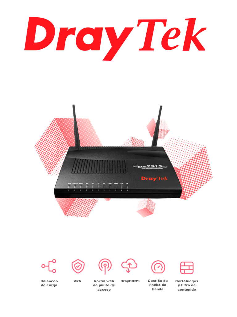 Imagen de DRAYTEK VIGOR2915AC - Ruteador inalámbrico Multi-WAN balanceador de cargas, 2 puertos WAN Gigabit RJ45, hasta 4 puertos LAN Gigabit, soporta hasta 16 túneles VPN, filtrado de contenido web, ideal para PyMEs