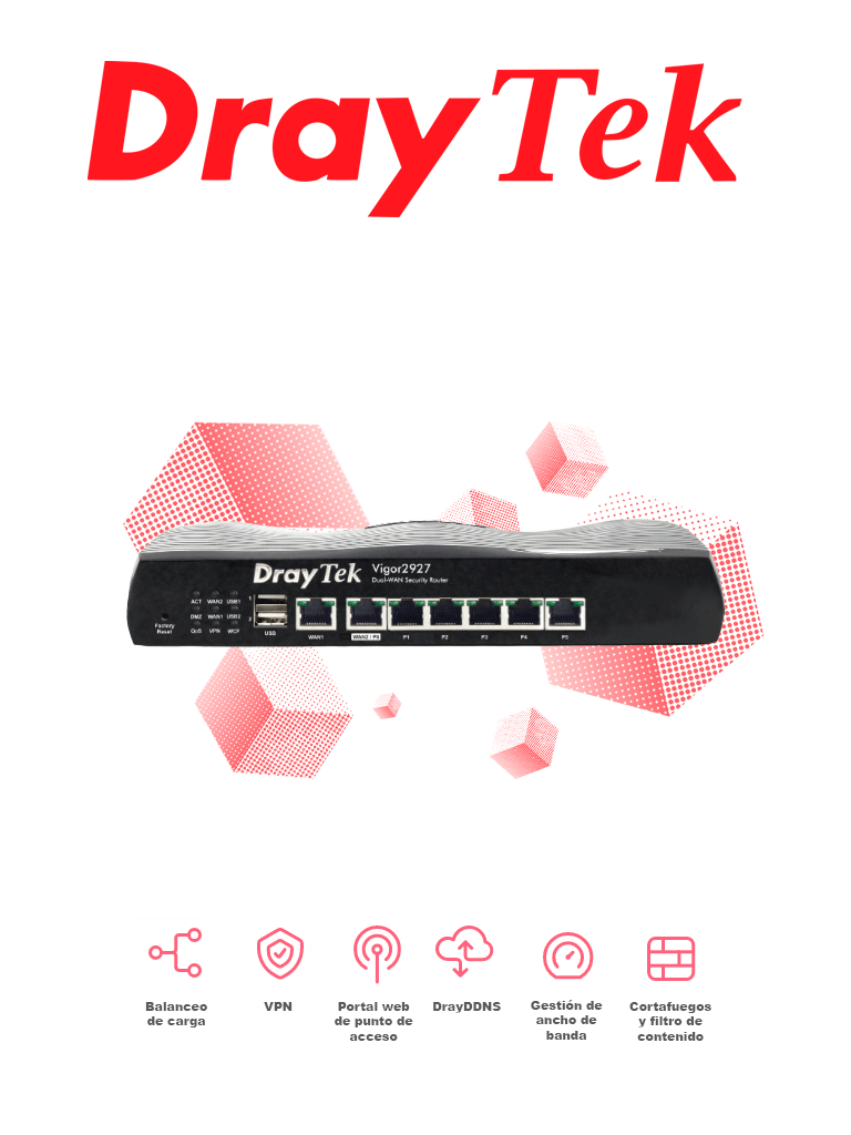 Imagen de DRAYTEK VIGOR2927- Ruteador Multi-WAN balanceador de cargas con 1 puerto WAN GE RJ45, 1 puerto intercambiable LAN/WAN, 5 puertos LAN GE, 50 túneles VPN, 2 puertos USB, ideal para PyMEs