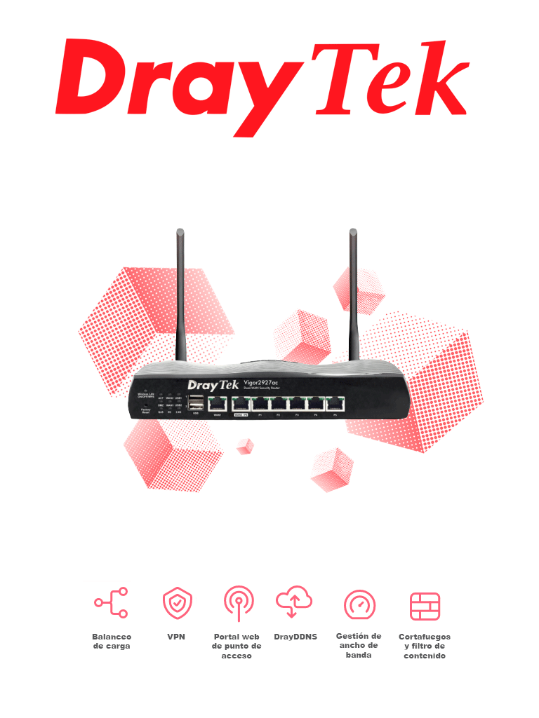 Imagen de DRAYTEK VIGOR2927AC- Ruteador Inalámbrico Multi WAN con 1 puerto WAN GE RJ45, 1 puerto intercambiable LAN & WAN, 5 puertos LAN GE, 50 VPN, 2 puertos USB y WiFi AC hasta 1733 Mbps