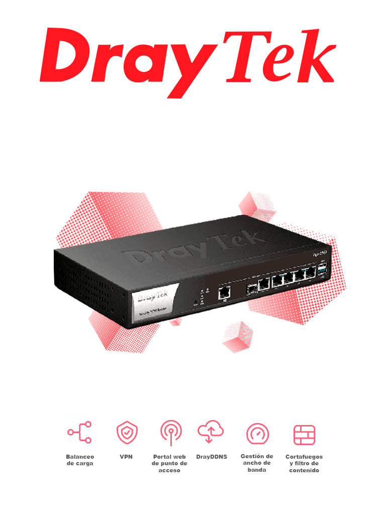 Imagen de DrayTek VIGOR2962- Ruteador Multi-WAN Balanceador para PyMEs, hasta 200 túneles VPN, 1 puerto WAN 2.5GB, 1 combo SFP & RJ45 WAN, 2 puertos LAN & WAN GE, 2 LAN RJ45 GE, con filtrado web