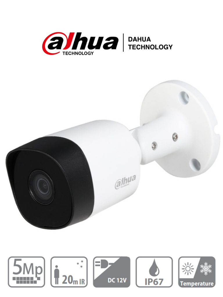 Imagen de DAHUA HAC-B2A51N-0280B-S2 - Cámara bullet de 5 MP con lente de 2.8 mm y ángulo de visión de 106°. Incorpora IR de 20 m para visión nocturna, resistente IP67, y materiales metálicos. Compatible con CVI, CVBS, AHD y TVI .0  