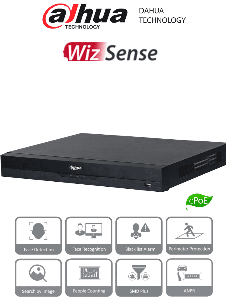 Imagen de DAHUA NVR5208-8P-EI - NVR de 8 canales IP con tecnología como AcuPick y WizSense, 8 puertos PoE, Smart H.265+, 2 canales de reconocimiento facial, 20 bases de datos de rostros, 2 puertos SATA, SMD Plus y compatibilidad Onvif.