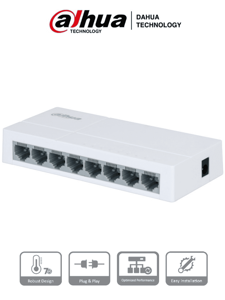 Imagen de DAHUA PFS3008-8ET-L - Switch para Escritorio de 8 Puertos Fast Ethernet/ 10/100/ Diseño Compacto/ Capa 2/ switching 1.6 Gbps/ Velocidad de Reenvio de Paqutes 1.19 Mbps/     