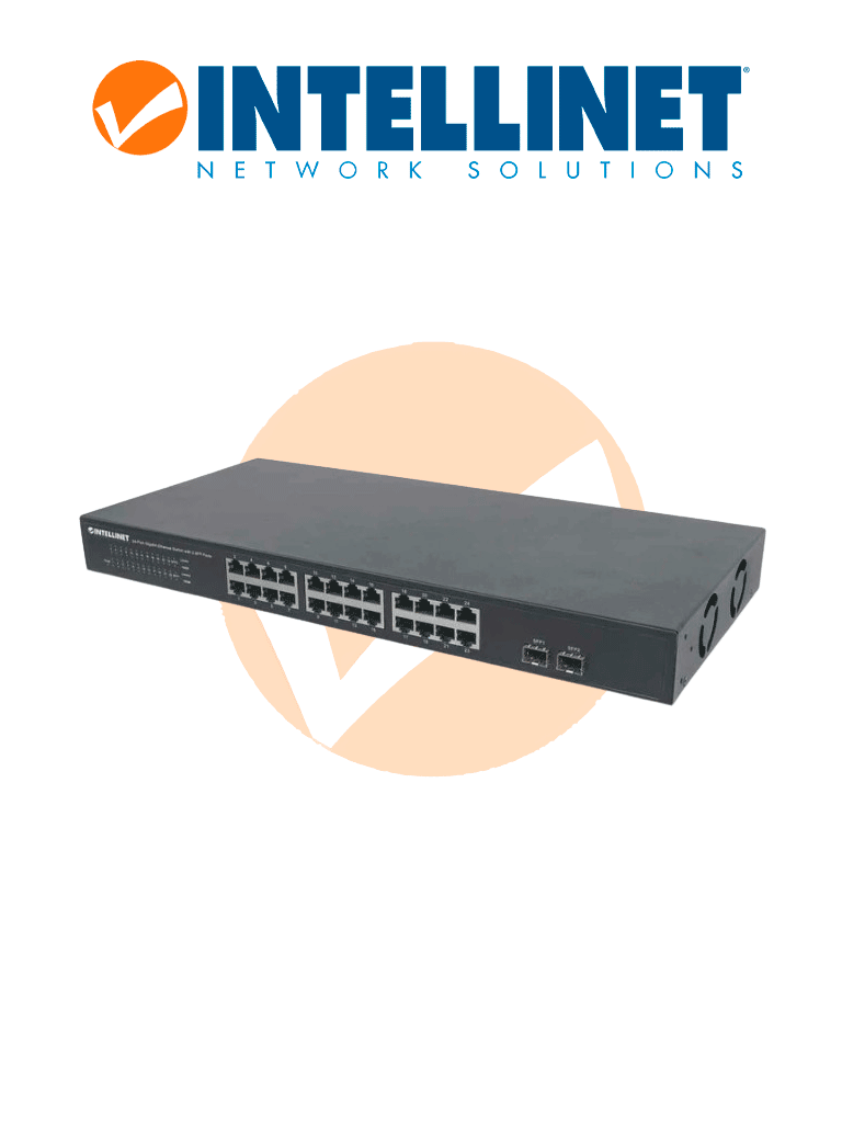 Imagen de INTELLINET 561044 - Switch de 24 puertos Gigabit Ethernet con 2 puertos SFP, 10/100/1000 Mbps RJ45, IEEE 802.3az (Energy Efficient Ethernet), para montaje en rack de 19", chasis metálico