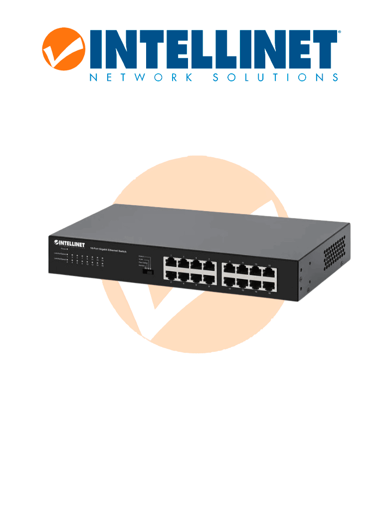 Imagen de INTELLINET 561815 - Switch Gigabit Ethernet de 16 puertos RJ45 (10/100/1000 Mbps), Green Ethernet (IEEE 802.3az), para escritorio, incluye soportes opcionales para montaje en rack de 19