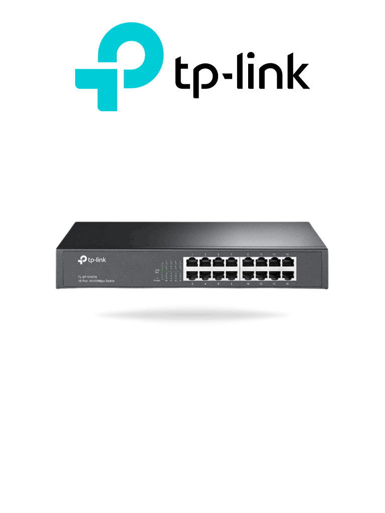 Imagen de TP-LINK TL-SF1016DS - Switch no administrable con 16 puertos Fast Ethernet, diseñado para montaje en rack o en escritorio.