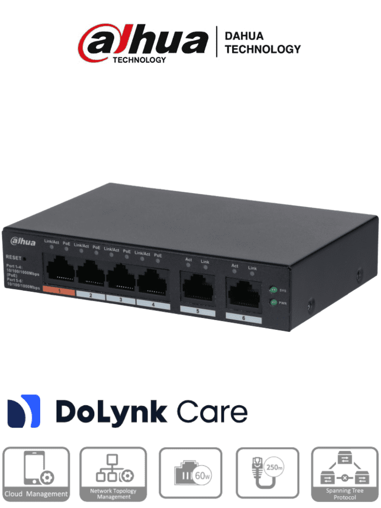 Imagen de DAHUA CS4006-4GT-60 -  Switch PoE de 6 Puertos Gigabit/ 4 Puertos PoE 10/100/1000/ 2 Puertos Uplink 10/100/1000/ 60 Watts Totales/ Administrable en la Nube por DoLynk Care/ PoE Hasta 250 Metros/ Carcasa Metalica/ Switching 12 Gbps/ 