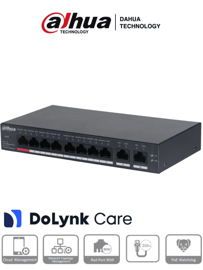 Imagen de DAHUA CS4010-8ET-110 -  Switch Poe de 10 Puertos/ 8 Puertos PoE 10/100/ 2 Puertos Uplink 10/100/1000/ 110 Watts Totales/ Administrable en la Nube por DoLynk Care/ PoE 250 Metros/ Carcasa Metalica/ Switching 5.6 Gbps/   