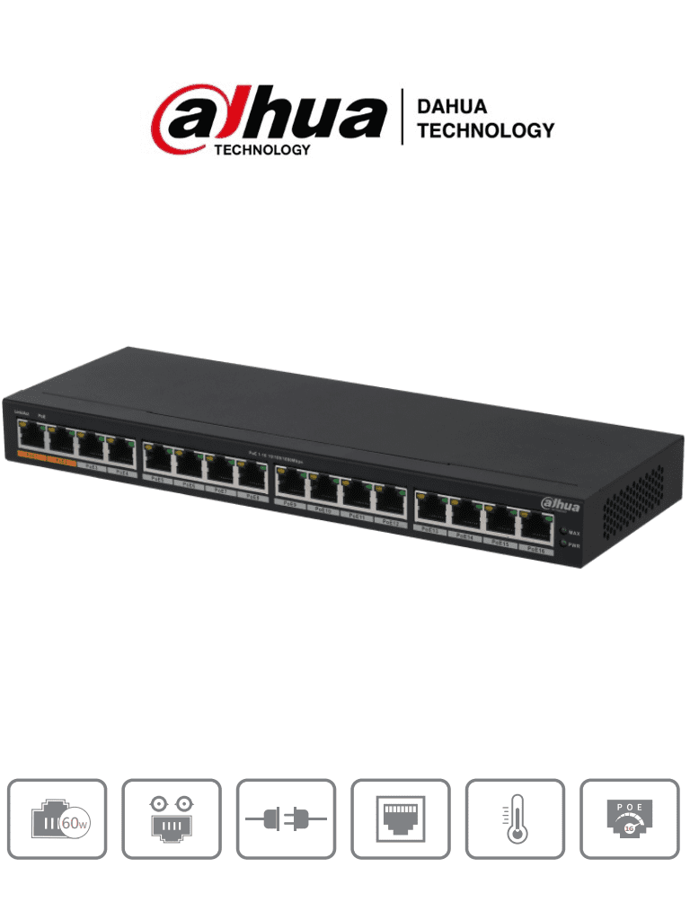 Imagen de DAHUA DH-PFS3016-16GT-190 - Switch Poe Gigabit de 16 Puertos PoE Gigabit/ 190 Watts Totales/ Los 2 Puertos Naranjas Soportan Hi-PoE Estandar/ Switching 32 Gbps/ Tasa de Reenvio de paquetes 23.808 Mbps/ Protección Contra Descargas/ 