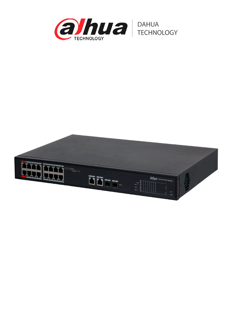 Imagen de DAHUA DH-S4101-16ET2GF-240-C  Switch PoE Administrable en la nube de 18 Puertos Ethernet/ 16 Puertos PoE/ 240 Watts Totales/ 2 Puertos SFP/2 Puertos Uplink/ PoE Watchdog/ Switching 7.2 Gbps/ Plataforma Dolynlk care 