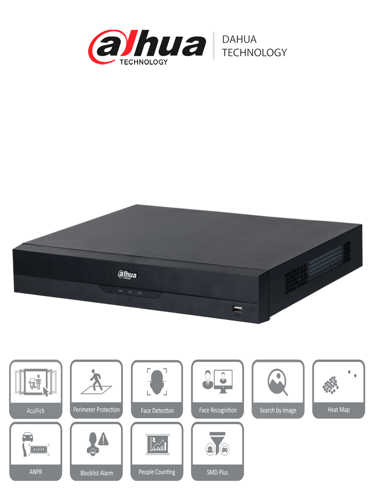 Imagen de DAHUA NVR5216-8P-EI - NVR IP con tecnología Acupick y WizSense 16 canales 1U con 8 PoE, 2 HDD, H.265+/H.265, 384 Mbps, reconocimiento y detección facial, protección perimetral, SMD Plus, IA por cámara ANPR, mapa de calor, conteo de personas y metadatos.