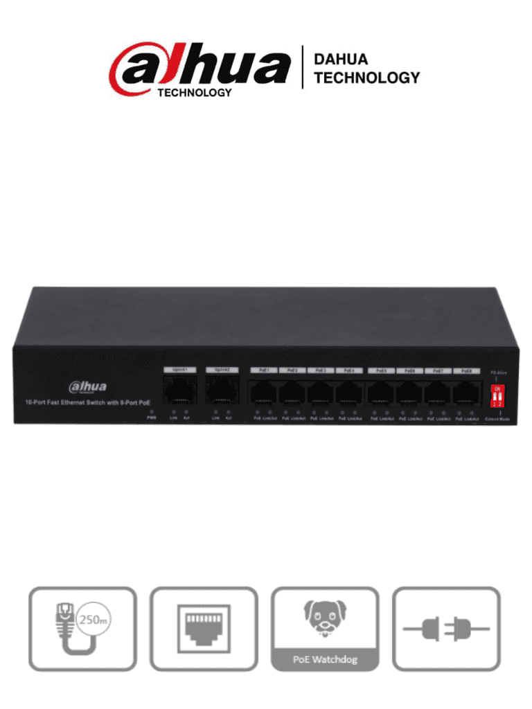 Imagen de DAHUA PFS3010-8ET-65 - Switch Poe de 10 Puertos Fast Ethernet/ 8 Puertos Poe/ 2 Puertos Uplink/ 65 Watts Totales/ Soporta PoE Watchdog/ Switching 2.0 Gbps/ Con Protección de Descargas/ 