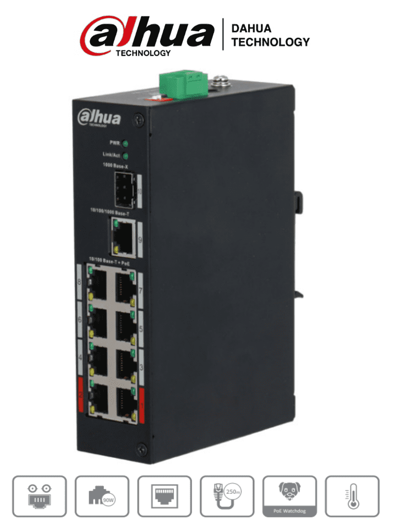 Imagen de DAHUA PFS3110-8ET-96 - Switch PoE de 10 Puertos/ 8 Puertos PoE/ 1 Puerto SFP de 1000 Mbps/ 1 Puerto Puerto RJ45 10/100/1000/ 96 Watts Totales/  Soporta PoE Watchdog/ Switching 7.6 Gbps/ Tasa de Reenvio de Paquetes de 4.17 Mbps/ 