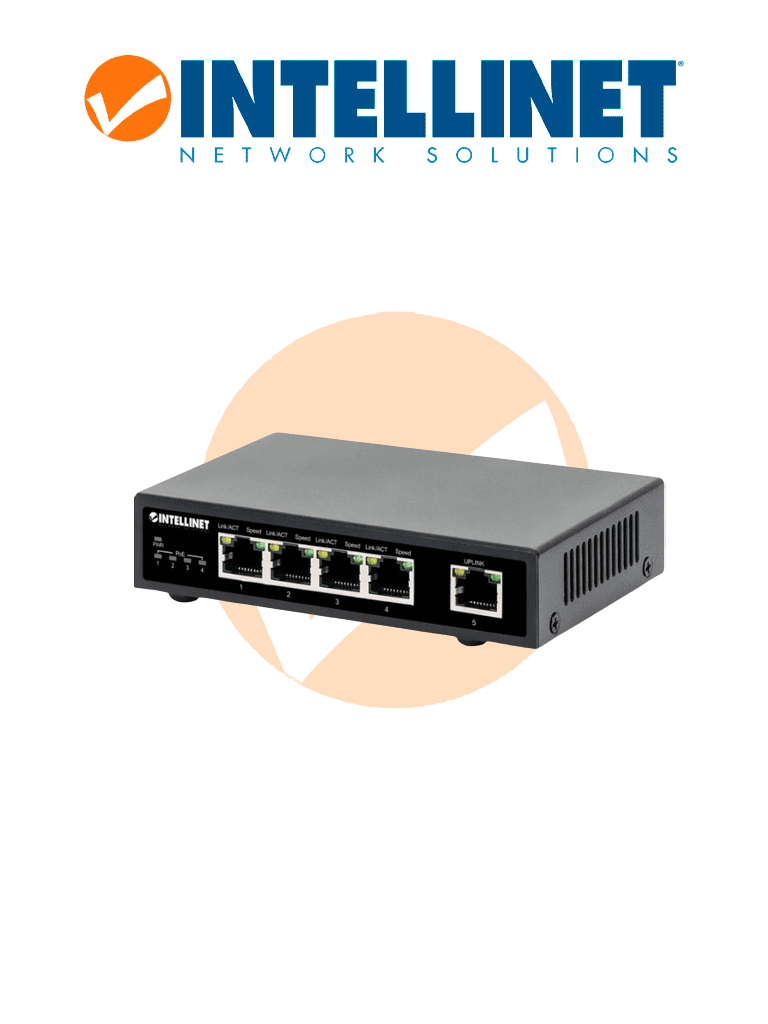 Imagen de INTELLINET 561839 - Switch PoE+ de 5 puertos Gigabit, 4 puertos PoE IEEE 802.3at/af (PoE+/PoE), con 62W de presupuesto de energía, para escritorio &MBFIN