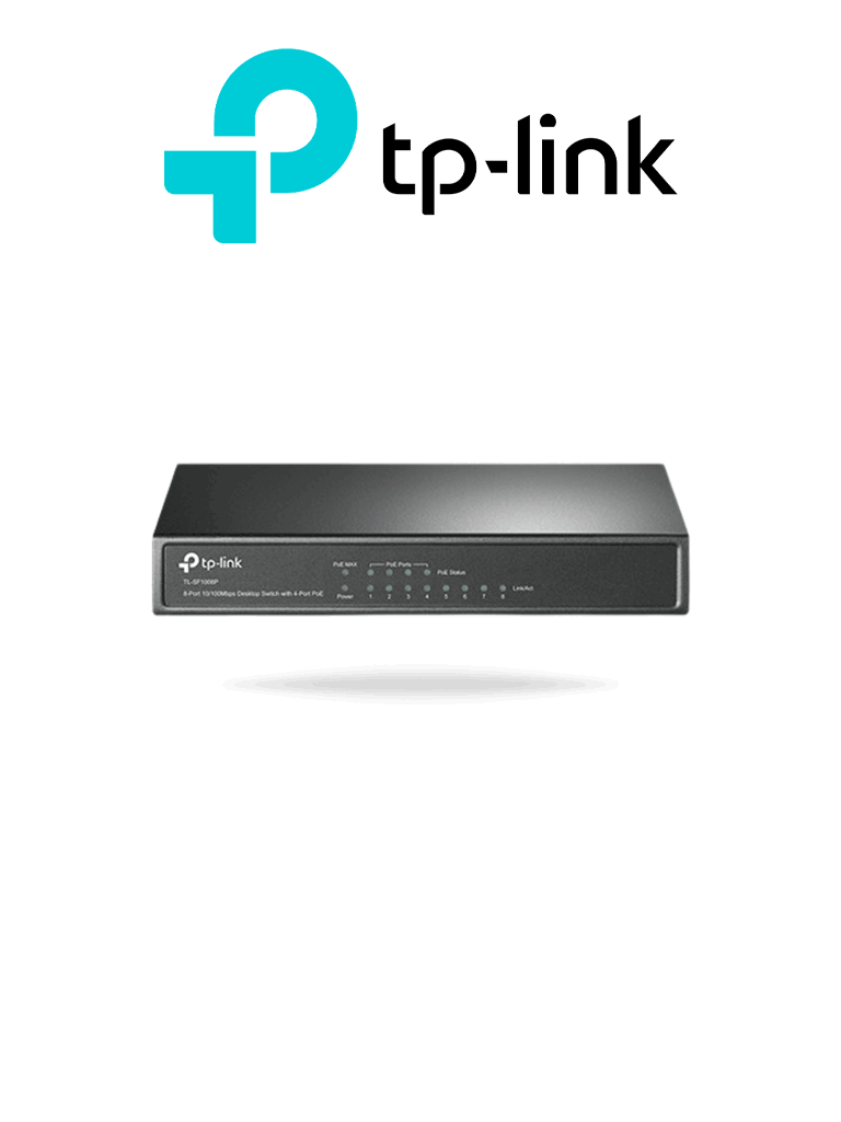 Imagen de TP-LINK TL-SF1008P -Switch PoE no administrable con 8 puertos Fast Ethernet, que incluye 4 puertos PoE AF y AT. Ofrece un presupuesto PoE de hasta 66W y soporta modo extendido para conexiones de hasta 250m de longitud.