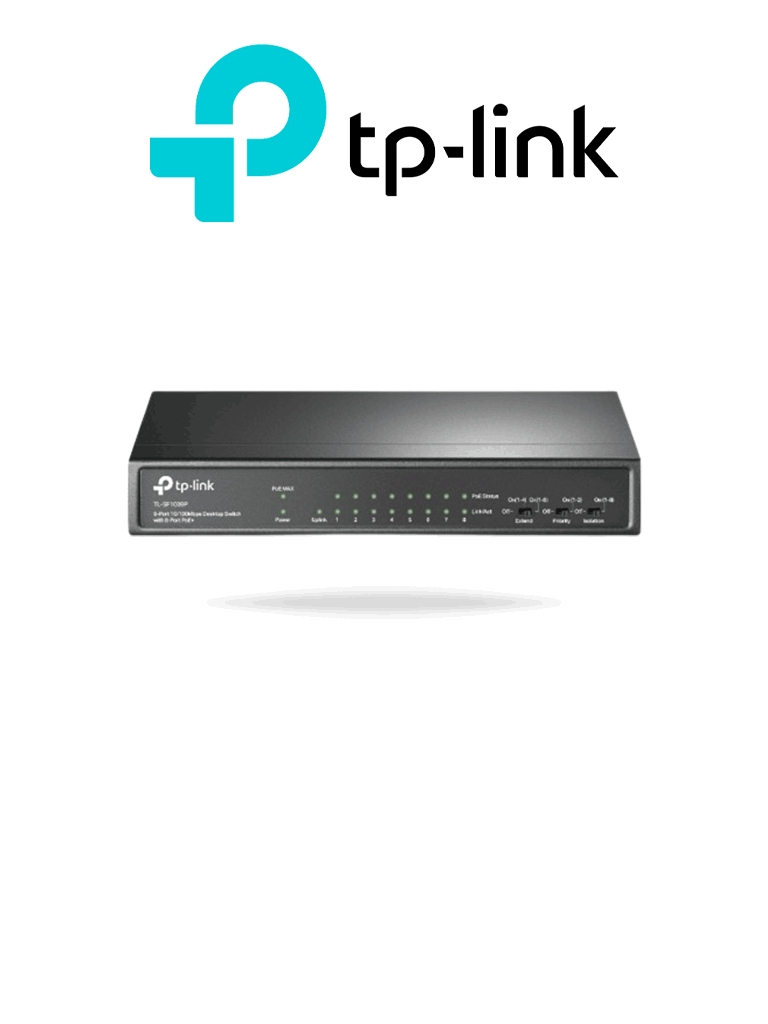 Imagen de TP-LINK TL-SF1009P - Switch PoE no administrable con 9 puertos Fast Ethernet, incluidos 8 puertos PoE AF y AT. Ofrece un presupuesto PoE de hasta 65W y soporta modo extendido para conexiones de hasta 250 metros.