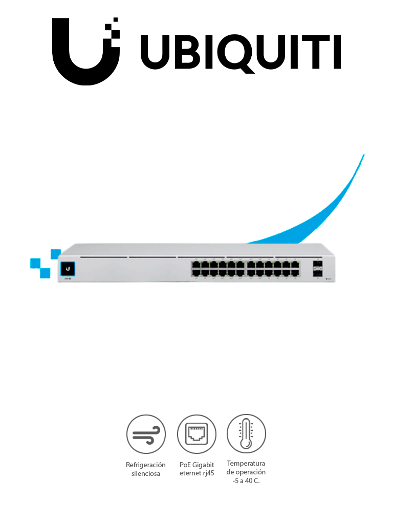 Imagen de UBIQUITI USW-24-POE UniFi Switch Gen2, Capa 2 de 24 puertos (16 PoE 802.3af/at + 8 Gigabit) + 2 puertos 1G SFP, con 95W de potencia y pantalla informativa.