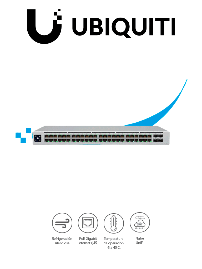 Imagen de UBIQUITI USW-48-POE UniFi Switch de Capa 2 con 48 puertos (32 PoE 802.3af/at + 16 Gigabit) y 4 puertos 1G SFP, con una potencia de 195W y pantalla informativa.