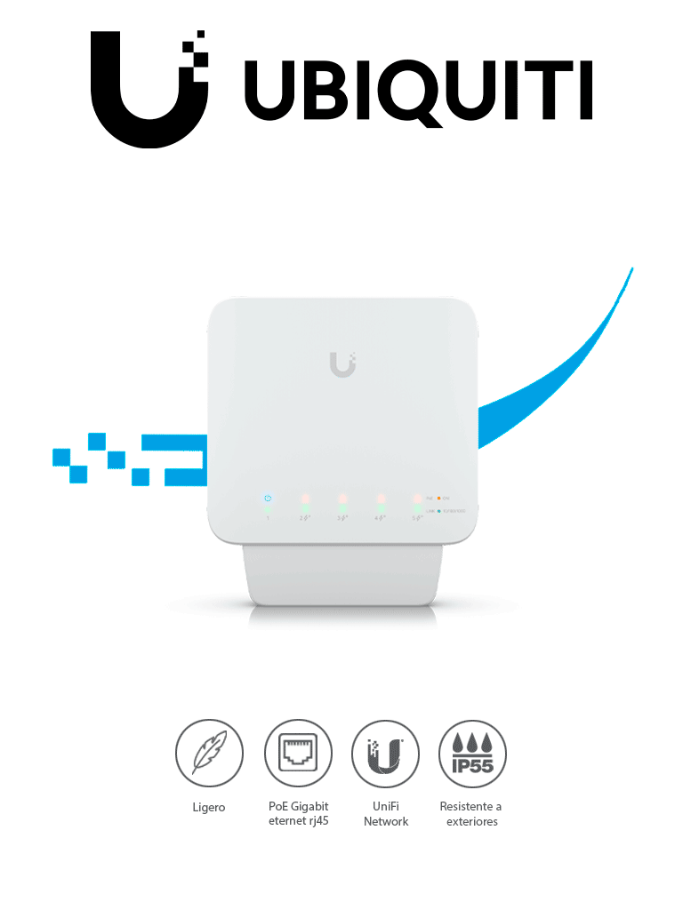 Imagen de UBIQUITI USW-FLEX Switch UniFi para exterior IP55 de 5 puertos 10/100/1000, con 1 puerto PoE de entrada 802.3af/at/bt y 4 puertos PoE de salida 802.3af. Compatible con Inyector PoE-50-60W y UTP7201GE-PSE60. No incluye inyector PoE.