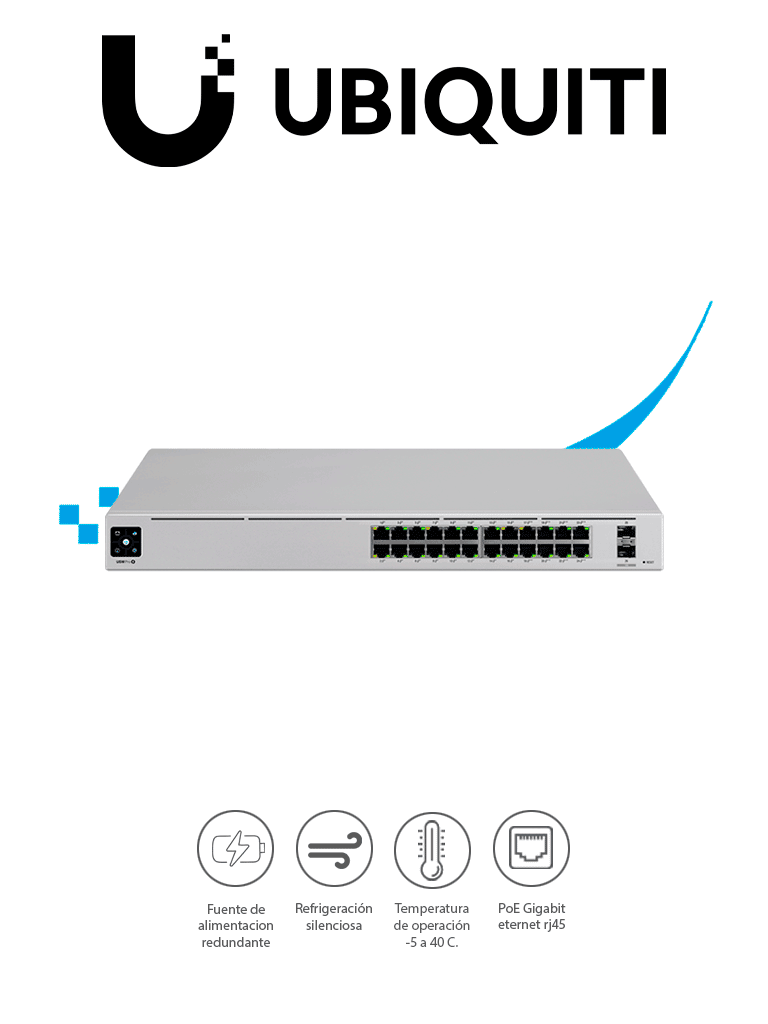 Imagen de UBIQUITI USW-PRO-24-POE  - UniFi Switch Gigabit PoE PRO con 24 puertos PoE Gigabit Ethernet, 2 puertos SFP+, 400W de potencia PoE, pantalla informativa, compatible con PoE at y PoE bt.