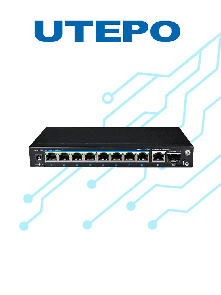 Imagen de UTEPO UTP3GSW0802TSP120 - Switch PoE de 10 puertos: 8 PoE 10/100/1000 Mbps, 1 RJ-45 10/100/1000 Mbps, 1 SFP 1000 Mbps, PoE 120W, hasta 250m en modo CCTV, no administrable