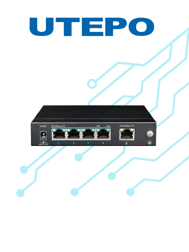 Imagen de UTEPO UTP3SW0401TP60 - Switch PoE no administrable de 5 puertos Fast Ethernet, 4 puertos PoE (60W totales), 1 puerto uplink, compatible con 802.3af/at, conexión hasta 250m en modo CCTV