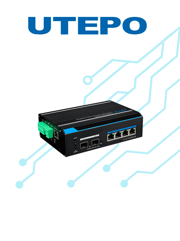 Imagen de UTEPO UTP7304GEPOE - Switch industrial Gigabit PoE administrable, L2, 4 puertos PoE Gigabit, 2 puertos SFP Gigabit, 802.3af/at, Fast RING, PoE 150W