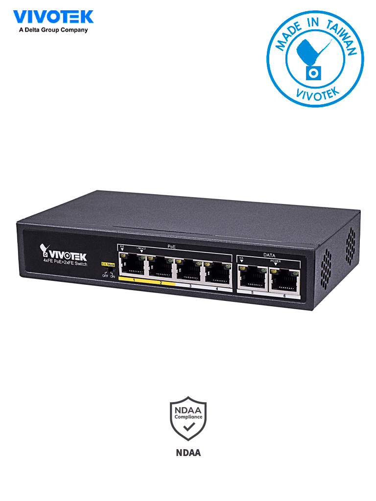 Imagen de VIVOTEK AW-FET-060C-065 - Switch PoE no administrable con 4 puertos PoE FE RJ45, 2 puertos FE RJ45, 2 puertos Modo Extendido hasta 200m, 30W por puerto, 60W totales, 1.2 Gbps y protección 4KV