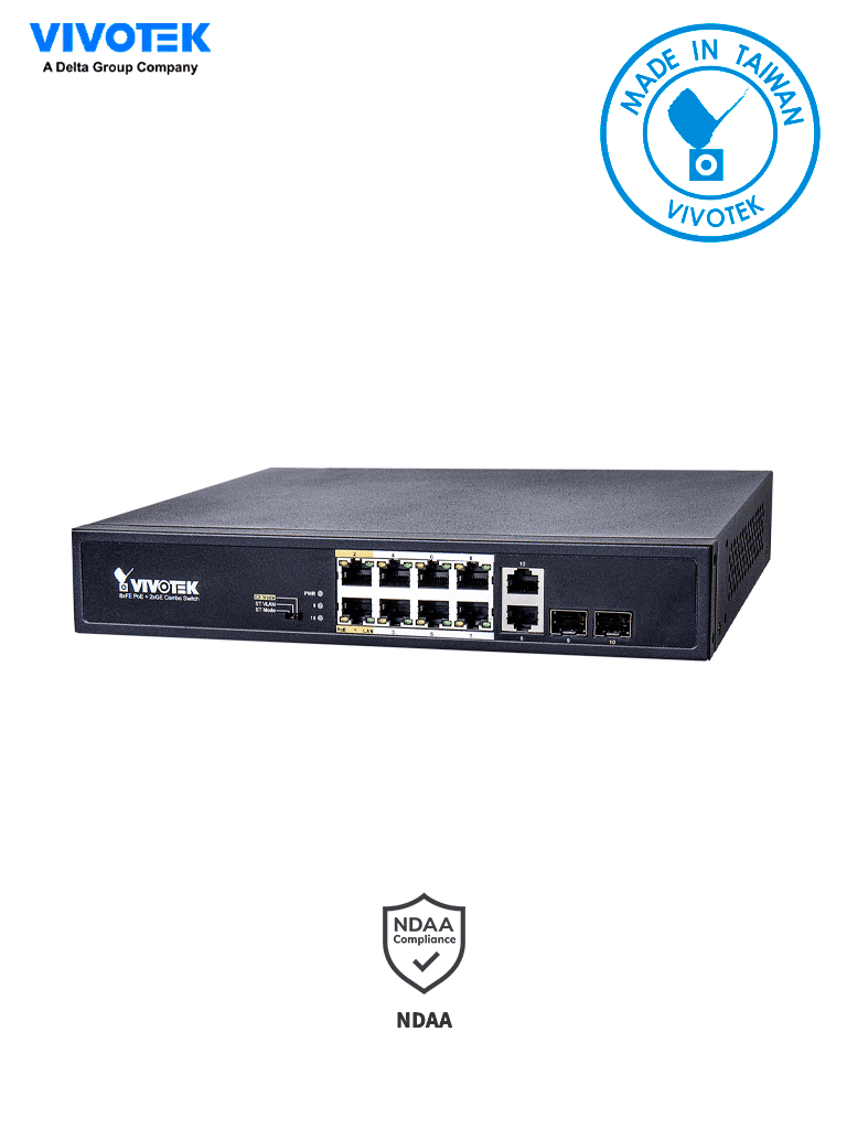 Imagen de VIVOTEK AW-FGT-100D-120 - Switch PoE no administrable con 8 puertos PoE FE RJ45, 2 puertos Combo GE RJ45/SFP, 115W totales, 30W por puerto, 2 puertos Modo Extendido hasta 250m, protección 6KV y 5.6 Gbps