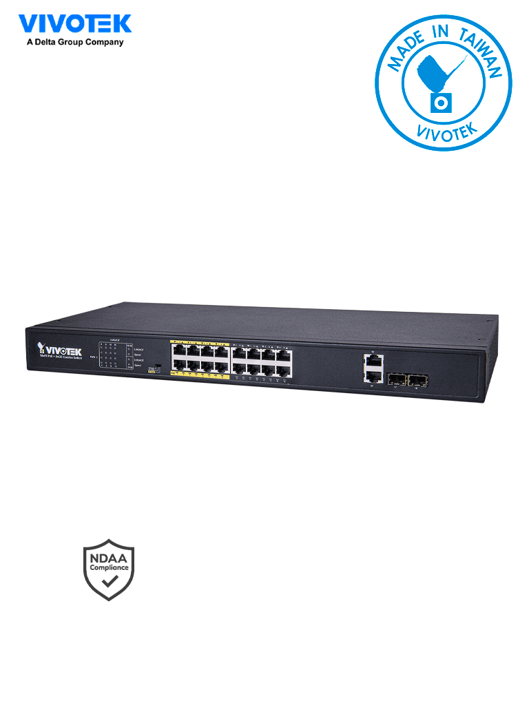 Imagen de VIVOTEK AW-FGT-180D-250 - Switch PoE no administrable con 16 puertos PoE FE RJ45, 2 puertos Combo GE RJ45/SFP, 30W por puerto, 250W totales, 8 puertos Modo Extendido hasta 250m, 7.2 Gbps y protección 6KV