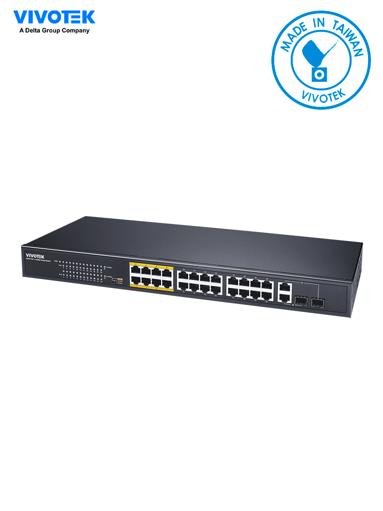 Imagen de VIVOTEK AW-FGT-260F-380 - Switch PoE no administrable, 24 puertos PoE FE RJ45, 2 puertos Combo GE RJ45,SFP, 30W por puerto, 380W totales, 8 puertos Modo Extendido hasta 250mts, 8.8 Gbps, Protección 6KV