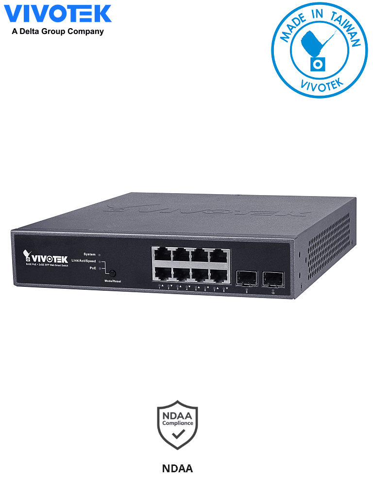 Imagen de VIVOTEK AW-GEV-104B-130 - Switch Gigabit PoE Administrable con 8 puertos GE, 2 puertos GE SFP, 130W totales, WEB Smart, 30W por puerto, compatible con VIVOCAM 