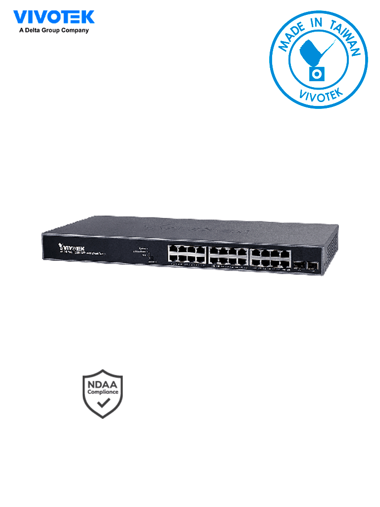 Imagen de VIVOTEK AW-GEV-264B-370 - Switch PoE Administrable con 24 puertos PoE GE RJ45, 2 puertos GE SFP, 30W por puerto, 370W Totales, VIVOCAM WEB Smart, 52Gbps y protección 6KV.